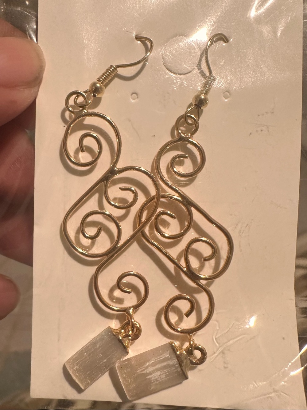 Gold-Tone Swirl Drop Earrings with selenite Charm - Women Jewelry